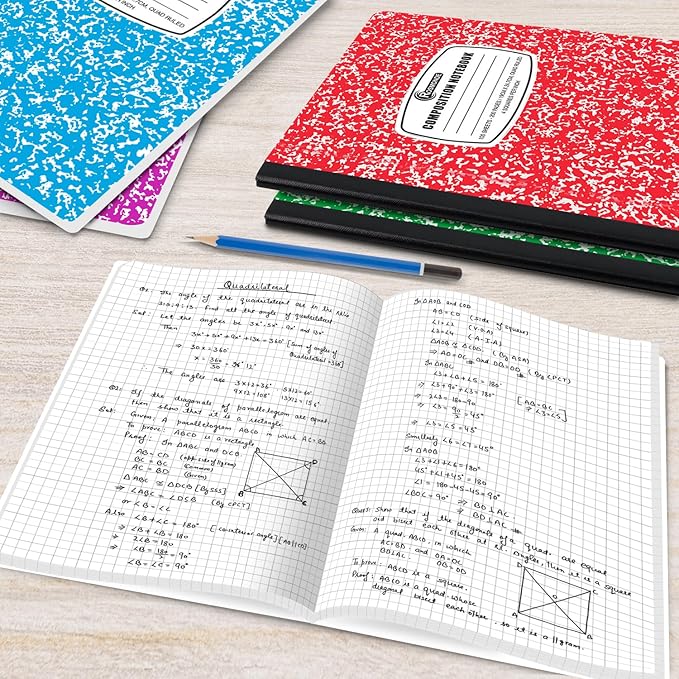 Composition Notebook Graph Paper, 5 Pack, 200 Pages (100 Sheets), Quad Ruled Composition Notebook, 4x4 Grid Graph Paper Composition Book, Assorted Colors, Hard Cover Graph Book, 9-3/4 x 7-1/2