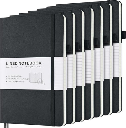 MALEDEN 7 Pack Lined Journal Notebook, Hardcover PU Leather Notebook for Men Women, 100 GSM Thick Numbered Pages with Index Content, Inner Pockets, Bookmarks, A5 Ruled Writing Journal Bulk (Black)
