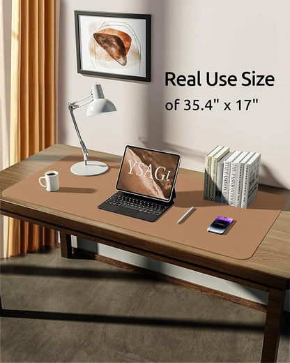 YSAGi Leather Desk Protector, Office Mat, Large Mouse Pad, Non-Slip PU Leather Blotter, Laptop Desk, Waterproof Writing Pad for Office and Home (Khaki, 35.4" x 17")
