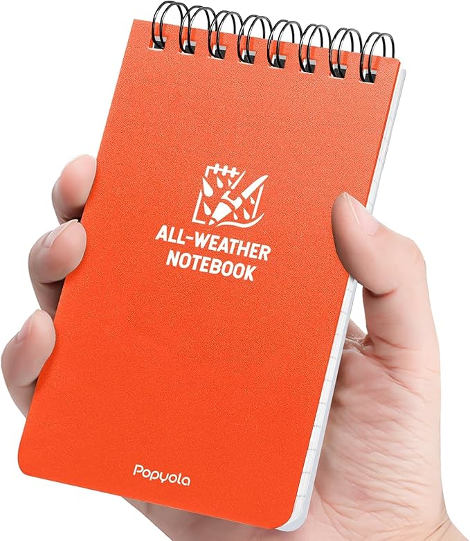 POPYOLA 1 Pack Waterproof Pocket Notebook, 3x5 Pocket Notepad, All Weather Mini Spiral Notepad, Write in the Rain Police Notepad with 100 Squared Pages for Outdoor Home Office School, Orange