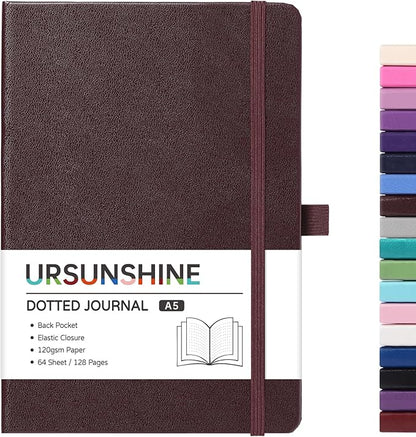 Dotted Journal/Notebook - Dot Grid Hard Cover Notebook, Premium Thick Paper with Fine Inner Pocket, Black Smooth Faux Leather, Pen Loop, 5.3'' x 8.26'' - Brown