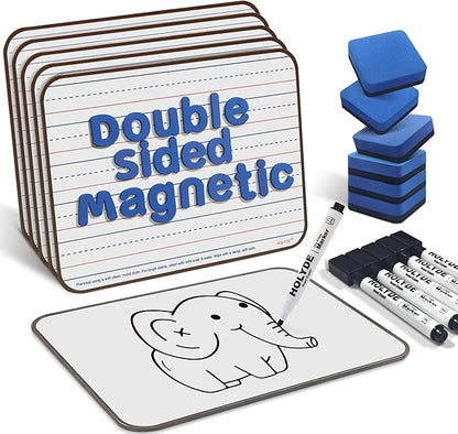 Dry Erase Boards 6 Pack, Double Sided Magnetic Small Whiteboards with Lines for Kids, Students, Teacher & Classroom Pack, Including 52 Pcs Alphabet Letters for Preschool Spelling