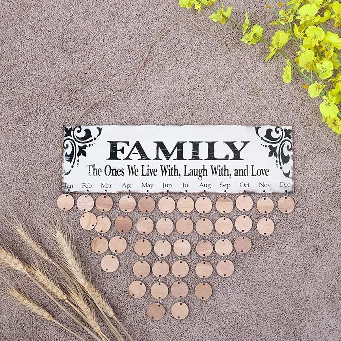 WINOMO Family Birthday Board Plaque DIY Hanging Wooden Birthday Reminder Calendar for Mom Dad Grandma Grandpa with 50pcs Round Discs