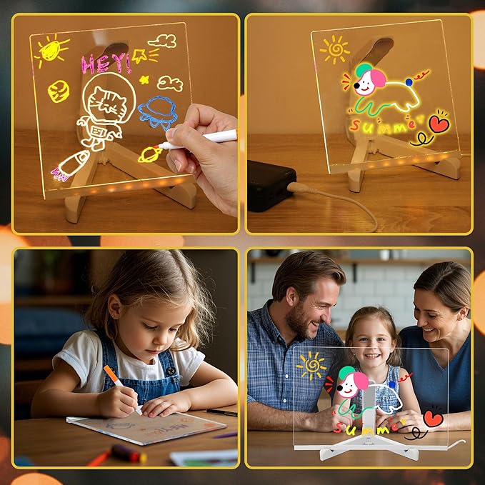 LED Note Board with Colors,LED Drawing Pad with 7 Color Pen,Light Up Acrylic Message Board with Adjustable Stand,Acrylic Dry Erase Board with Light for Office School Home,Gift for Kids(8"x8")