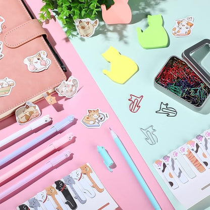 Outus Cat Office Supplies Cute Sticky Notes Paper Clips Gel Ink Pens Cartoon Stickers Party Favor for Cat Lovers Stationery School Office Supplies Desk Accessories(Vivid Style)