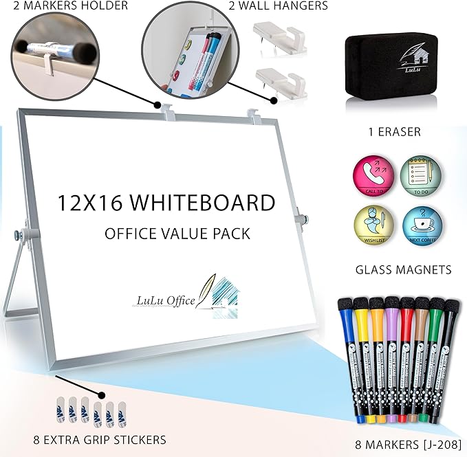 Dry Erase White Board, 16inX12in Large Magnetic Desktop Whiteboard with Stand, 8 Markers, 4 Magnets, 1 Eraser, Portable Double-Sided White Board Easel for Office Memo to Do List Desk School for Kids