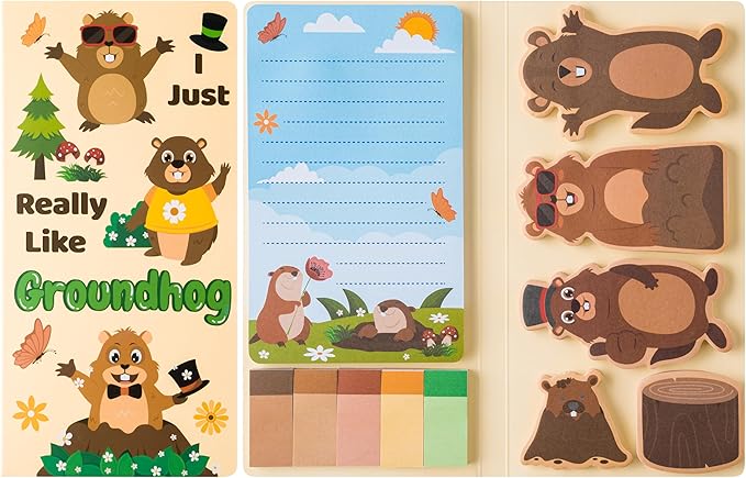 I Just Really Like Groundhog Sticky Notes Set - Cute Animal Self-Stick Note Pads Divider Tabs Bundle Writing Memo Pad Page Marker Back to School Office Supplies Groundhog Day Party Favor Gift