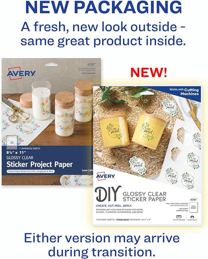 Avery Printable Sticker Paper, 8.5" x 11", Laser & Inkjet Printers, Glossy Clear, 7 Sticker Sheets (4397)