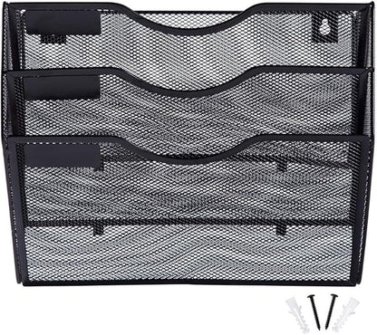 EASEPRES 3 Pocket Mesh Hanging Wall File Organizer, Wall Mounted Mail Paper Document Folder Holder, Clipboard Storage Organization Magazine Rack with Nametag Label for Office Home School, Black