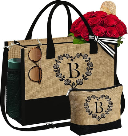 YOOLIFE Christmas Gifts for Women - Initial Jute Tote Bag & Makeup Bag, Birthday Gifts for Women Her Mom Teacher Friend