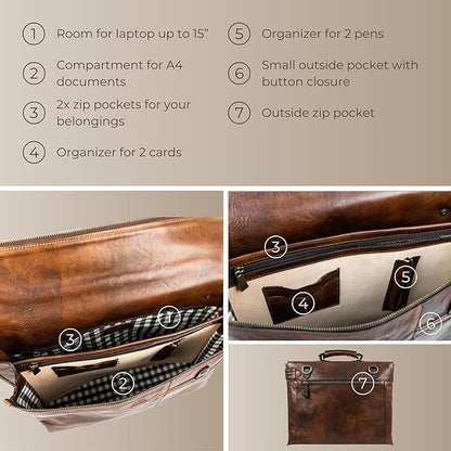 Time Resistance Leather Briefcase Laptop Bag for Men and Women from Full Grain Italian Leather