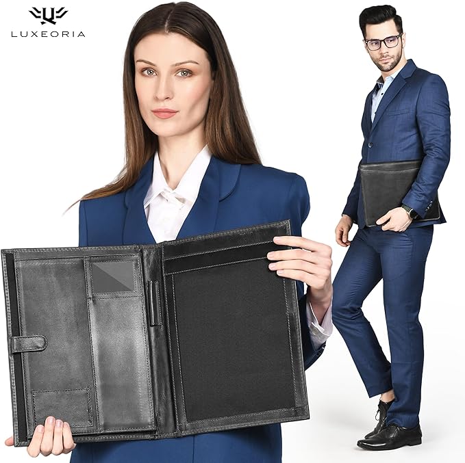 Leather Portfolio Professional Organizer Padfolio – Resume Folder, Document Binder w/Business Card Holder, Portfolios for Men & Women, Office & Business Supplies by Luxeoria | (Medium - Black)