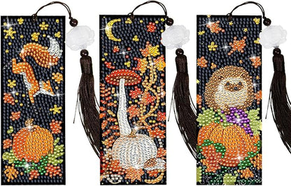 Anseal 3 Pcs 5D Thanksgiving Diamond Bookmarks Painting for Book Lovers, PU Leather Diamond Dotz Art Bookmark for Adults, Tassel Beaded Book Mark for Graduation Birthday Thanksgiving Reading Present