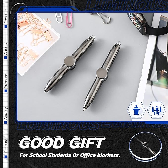 Chinco 2 Pieces Fidget Spinning Pen with LED Light Multi Functional Help Thinking Ballpoint Gift Pen for Adults Students Teenage(Gray)