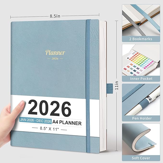 AHGXG 2026 Planner, Weekly and Monthly, Large A4 8.5"x11", Planner 2026-2027, Calendar 15-Months Jan 2026 - Mar 2027, Vegan Leather Softcover, Inner Pocket, Gray Blue