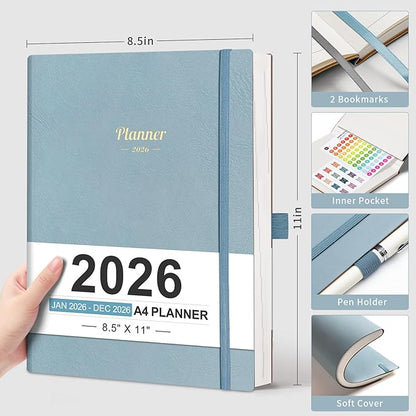 AHGXG 2026 Planner, Weekly and Monthly, Large A4 8.5"x11", Planner 2026-2027, Calendar 15-Months Jan 2026 - Mar 2027, Vegan Leather Softcover, Inner Pocket, Gray Blue