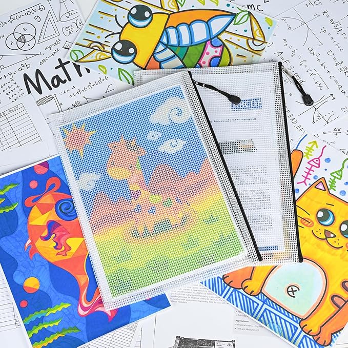 AUSTARK 10 Pcs Zipper File Bags, Waterproof Plastic Mesh Pouch for Office School, Board Game Storage Bags (A4 Size 13.4''x9.4'', White and Black)