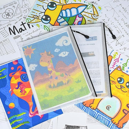 AUSTARK 10 Pcs Zipper File Bags, Waterproof Plastic Mesh Pouch for Office School, Board Game Storage Bags (A4 Size 13.4''x9.4'', White and Black)