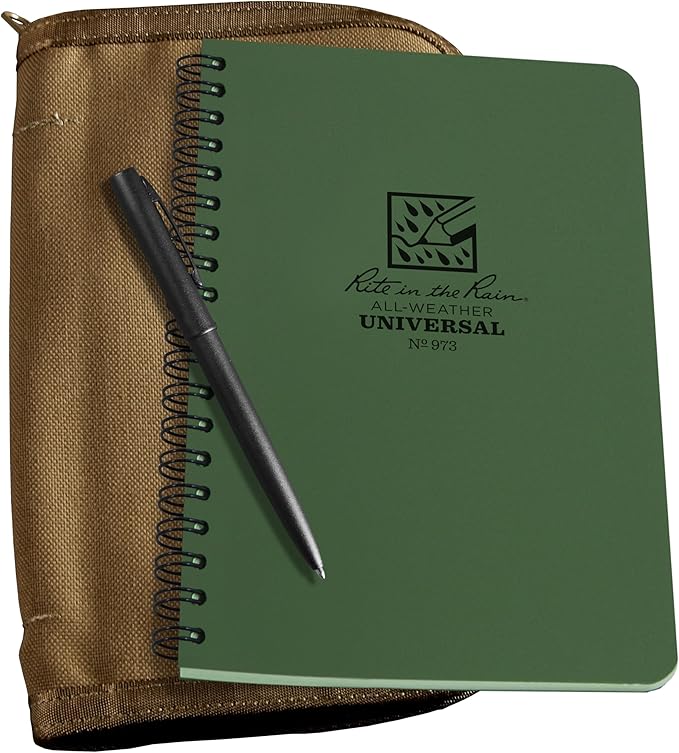 Rite in the Rain Weatherproof Side Spiral Kit: Tan CORDURA® Fabric Cover, 4.625" x 7" Green Notebook, and Weatherproof Pen (No. 973-KIT)