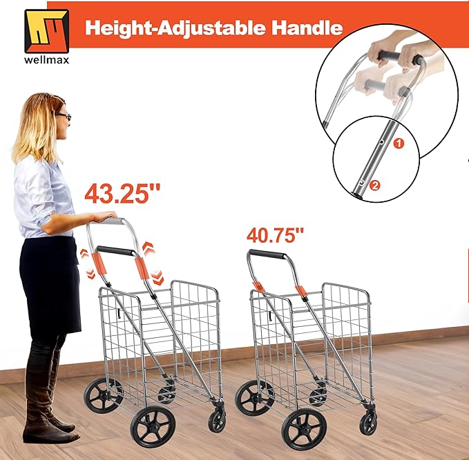 Wellmax Grocery Shopping Cart with Adjustable Handle and Swivel Wheels, Heavy Duty Foldable and Collapsible Utility Cart