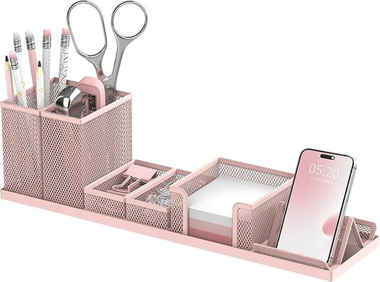 SUPEASY Pen Holder for Desk, 6 Piece Mesh Desk Organizer set, Desk Accessories for Office Organization with Mail Organizer, Letter Phone Holder, Sticky Notes Caddy Storage, Pink