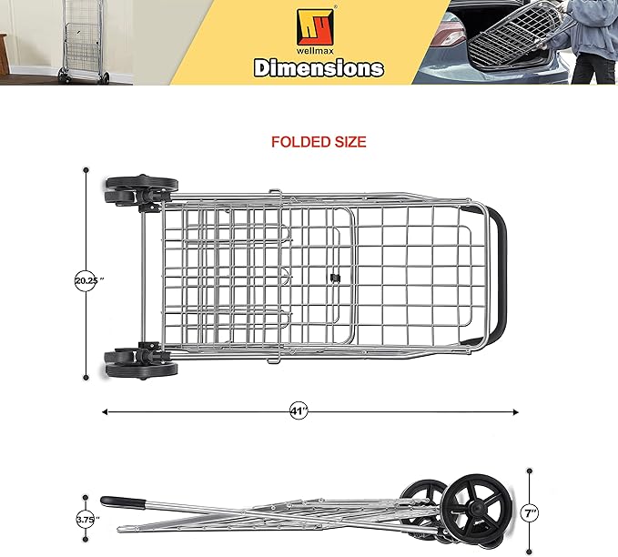 Wellmax Metal Grocery Shopping Cart with Wheels for Groceries, Folding Cart for Convenient Storage and Holds Up to 66lbs, Dual Swivel Wheels and Extra Basket, Silver