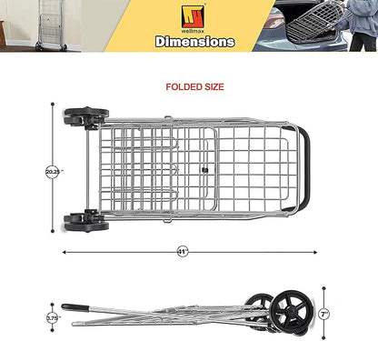 Wellmax Metal Grocery Shopping Cart with Wheels for Groceries, Folding Cart for Convenient Storage and Holds Up to 66lbs, Dual Swivel Wheels and Extra Basket, Silver