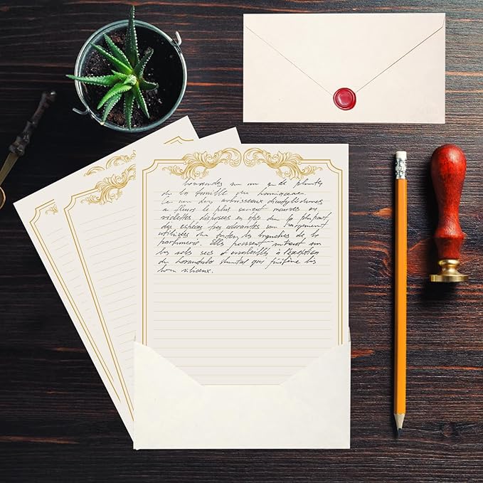 90 Pieces Stationery Set with Envelopes (60 Vintage-Style Paper Sheets + 30 Envelopes), Gold Border Letter Writing Paper and Envelopes for Love Letter, Party Invitations