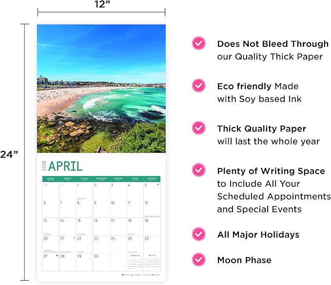 2025 Beaches Monthly Wall Calendar by Bright Day, Includes Over 300 Stickers, 12 x 12 Inch