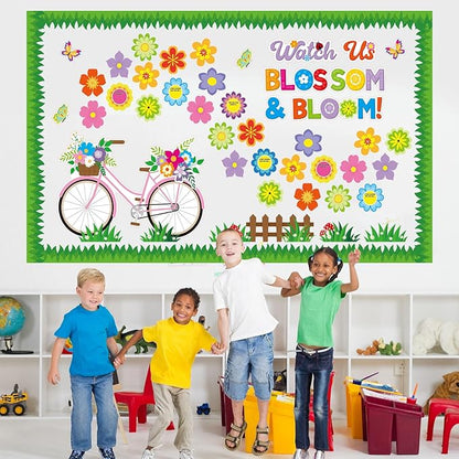 Kosiz Spring Bicycle Bulletin Board Decorations Set Flower Butterfly Bike Paper Cutouts Watch Us Blossom Bloom Classroom Decorations with Green Borders for School Chalkboard Wall Door Home
