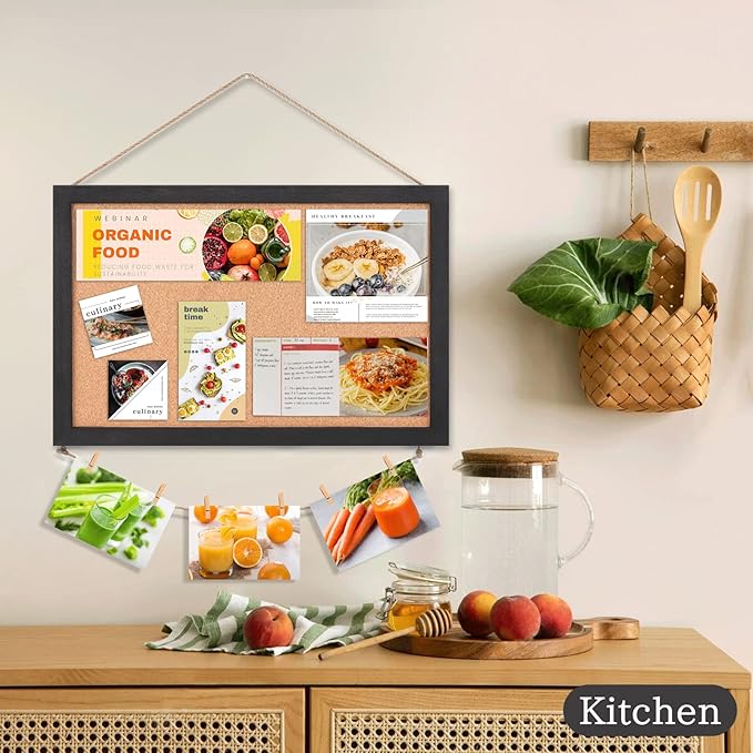 Miratino 2-Pack Cork Board Bulletin Board, 16x11 Inches Wooden Frame Pin Board, Cute Cork Boards for Walls Hanging for Office, Home Decor, School (Pins, Clips, Strings) Black