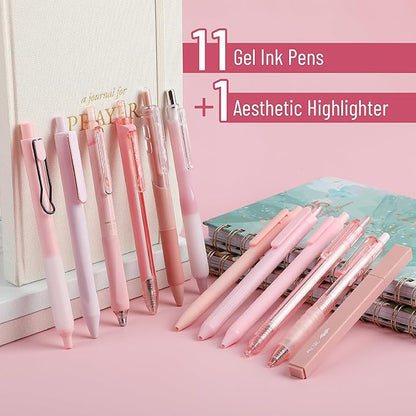 Mr. Pen- Gel Ink Pen Set, 12 pcs, Pastel Pink Barrel, Pink Pens Black Ink Gel Pens Fine Point 0.5mm, One Highlighter, Gel Ink Pens, Cute Pink Pens for Women, Cute Pens for Women, Pink Gel Pens Pink