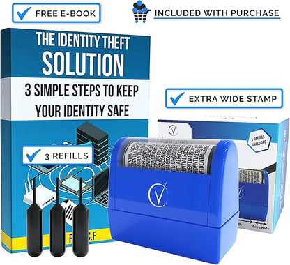 Identity Theft Protection Roller Stamps Wide Kit - Confidential Roller Stamp, Anti Theft, Privacy & Security Stamp, Designed for ID Blackout Security - Classy Blue Wide with 3 Refills