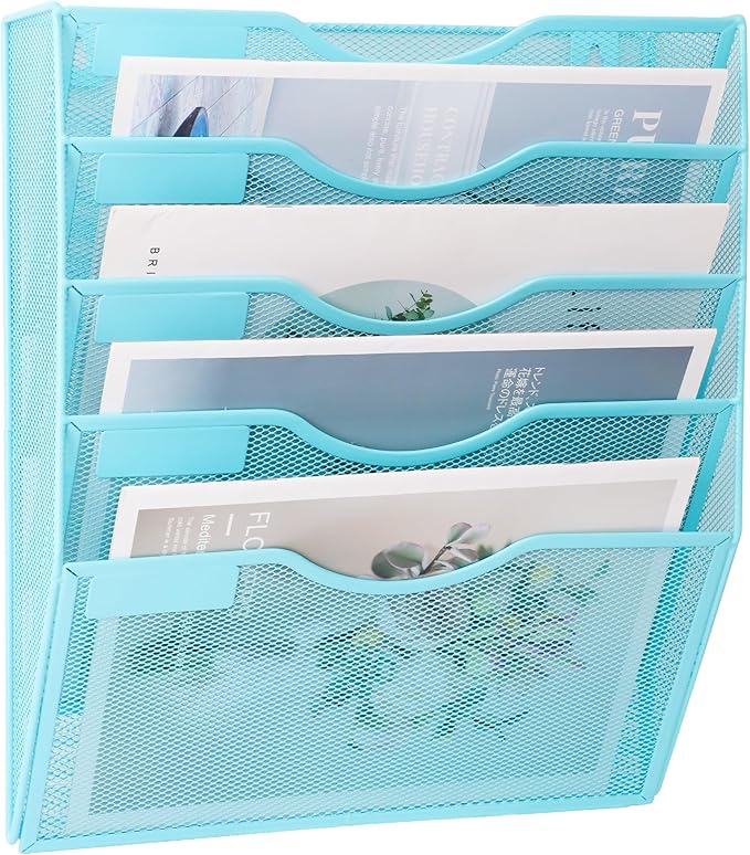 EASEPRES 5 Pocket Mesh Hanging Wall File Organizer, Wall Mounted Mail Paper Document Folder Holder, Clipboard Storage Organization Magazine Rack with Nametag Label for Office Home School, Blue