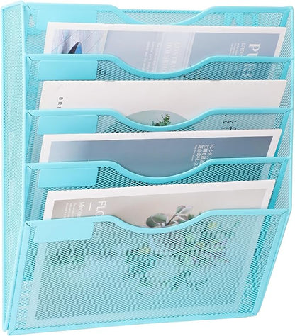 EASEPRES 5 Pocket Mesh Hanging Wall File Organizer, Wall Mounted Mail Paper Document Folder Holder, Clipboard Storage Organization Magazine Rack with Nametag Label for Office Home School, Blue