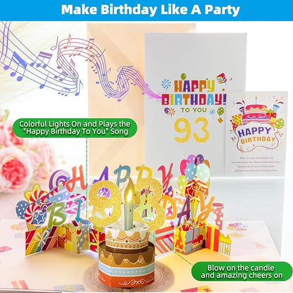 Gumry 93RD Musical Birthday PopUp Card, Blowable Colorful Light Candle 3D Cards with Song, Applause Cheers Sound, Greeting Cards Birthday Gifts Decorations for Women Men Turning 93 Years Old