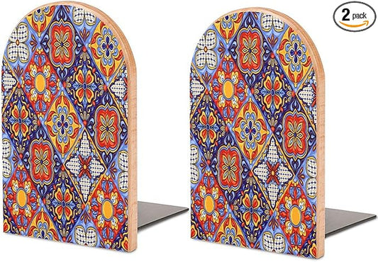 2 Pack Wood Bookends, Mexican Talavera Tile Mandala Non-Skid Book Ends for Heave Books, Decorative Bookends for Shelves Desk, Book Stoppers Book Holders for Home Office Library School