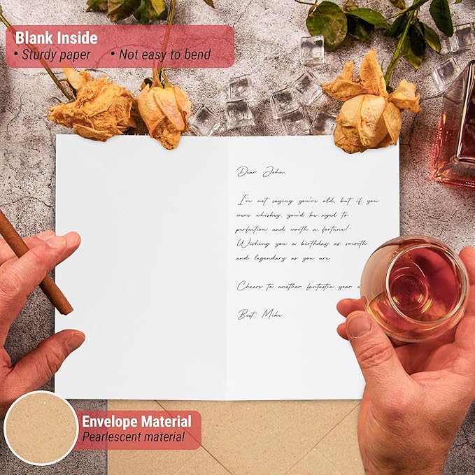 Funny Birthday Card for Men, Husband, Him, Boyfriend, Humorous Bday Gifts For 40th 50th 60th 70th 80th, Whiskey Greeting Birthday Card Premium Quality Cardstock, Kraft Envelope & Sticker