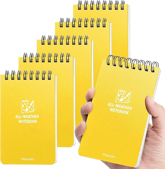 POPYOLA 6 Pack Waterproof Pocket Notebook, 3x5 Pocket Notepad, All Weather Mini Spiral Notepad, Write in the Rain Police Notepad with 100 Squared Pages for Outdoor Home Office School, Yellow