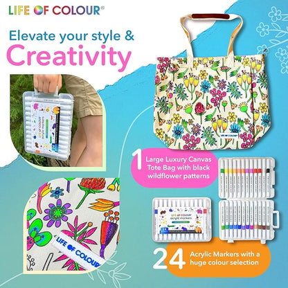 Life of Colour Doodle Bag with Wildflower Patterns – Color Your Own Tote Bag Craft Kits for Adults, Includes Canvas Tote & 24 Acrylic Markers – DIY Painting & Art Kit for Women