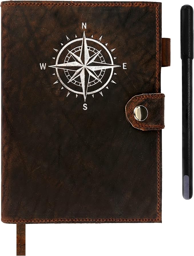 Leather Journal For Men & Women - Premium Refillable Lined Compass Leather Notebook With Pen, Coin & Pen Slot, Leather Bookmark - Journals For Writing - Travel Journal - Diary - Daily Journal 240 page