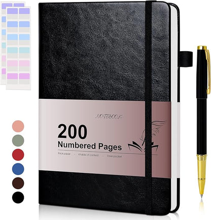 Lined Journal Notebook for Men Women, 200 Numbered Pages Leather Hardcover Journal with Pen, A5 Journaling Notebooks, Thick Paper College Ruled Journals for Writing Work Business 5.75'' X 8.38'' Black