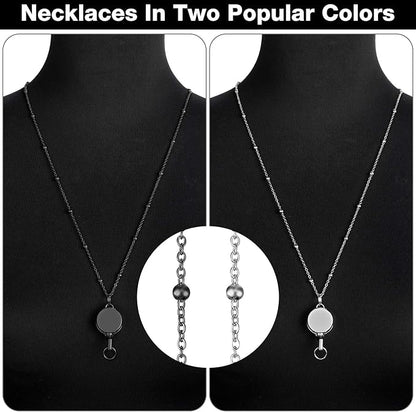 Outus 2 Pieces Badge Lanyard with ID Holders Stainless Steel Badge Holders Necklace Retractable Reel Clip Chain Water Resistant Name(Black, Silver)