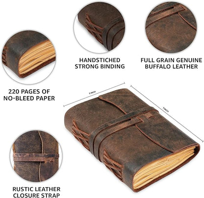 LEATHER VILLAGE Leather Bound Journal - Dark Brown, 7"X5", 220 Pages - Vintage Blank Paper Diary for Writing, Drawing, Sketchbook, and Travel Notebook - Ideal for Women and Men