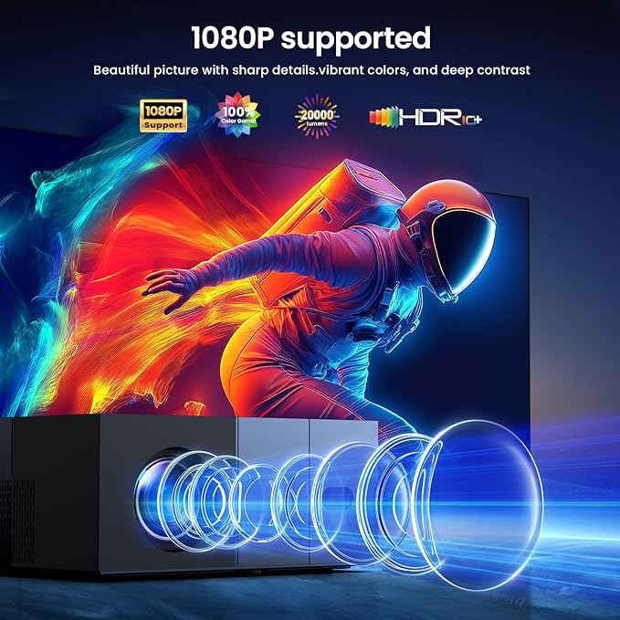 [Electric Focus] Projector with WiFi and Bluetooth, 20000LM Native 1080P Projector with Screen, YOWHICK Portable Movie Smart Projector, Home Projector 4K Supported for Phone/TV Stick /HDMI/USB Grey