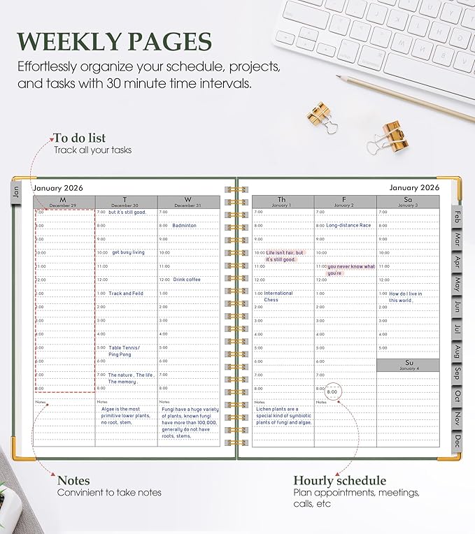 2026 Planner, Weekly and Monthly Calendar Planner from January 2026 - December 2026, 8.5" x 11" Hardcover Leather Hourly Appointment Book with Tabs, Spiral Daily Planners for College School Work Home, Green