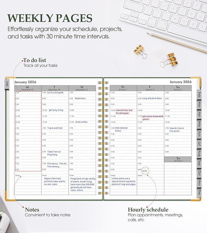 2026 Planner, Weekly and Monthly Calendar Planner from January 2026 - December 2026, 5.75" x 8.38" Hardcover Leather Hourly Appointment Book with Tabs, A5 Spiral Daily Planners for College School Work Home, Green