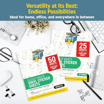 Printable Vinyl - Sticker Paper for Inkjet Printer for Epson (50 Sheets, 8.5" x 11", Anti Jam) - Glossy Printable Sticker Paper - Inkjet Printable Waterproof Sticker Paper - Make Labels and Decal