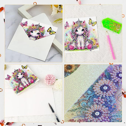 6 Pcs 5D Diamond Painting Greeting Cards Kits, Handmade Festival Greeting Cards with Envelopes DIY Diamond Art Crafts Birthday Cards Sparkling Holographic Designs for Birthdays (Colorful Animals)