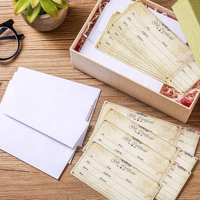 Sinmoe 50 Sets Gift Certificate for Business with 50 Pcs Envelopes Blank Gift Certificate Cards with Name and Address Rustic for Beauty Salon Restaurants Birthday(5.91 x 3.94 Inch, Vintage Style)